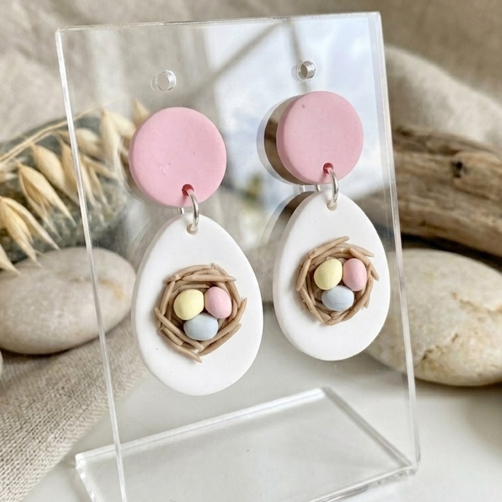 Easter Egg Nest Dangle — Handmade Clay Earrings — Pastel